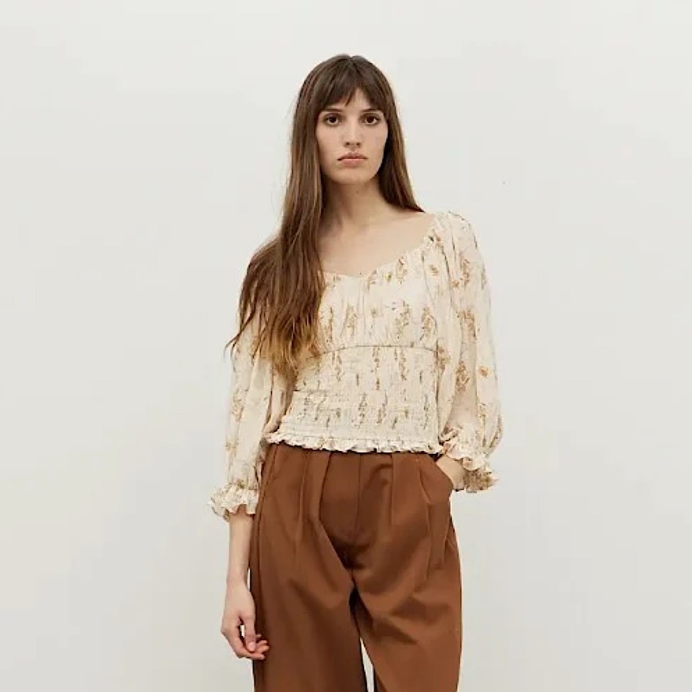 Grade + Gather Square Neck Smocked Blouse - Cream Size M